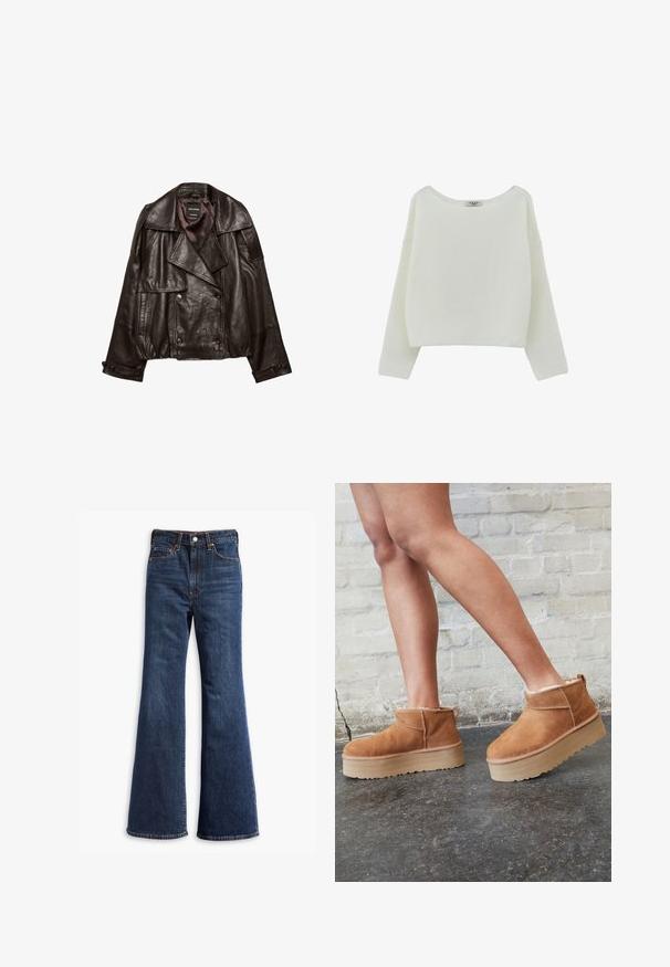 Veste en cuir coupée de couleur brun foncé avec larges revers, fermeture croisée à boutons, et poignets à boutons, étalée à plat sur fond blanc.; Pull en tricot blanc avec un large col, des épaules tombantes et des manches longues. La texture est côtelée et la coupe est décontractée.; Jeans en denim bleu foncé taille haute avec jambes évasées, fermeture à boutons et zip à l'avant, et conception à cinq poches.; Bottines en suède marron avec une doublure en peluche, semelle épaisse en beige et une poignée à l'arrière. Surface texturée avec des détails de couture visibles.