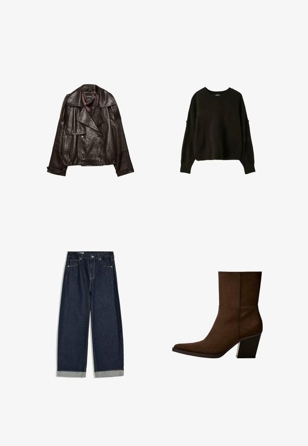 Veste en cuir coupée de couleur brun foncé avec larges revers, fermeture croisée à boutons, et poignets à boutons, étalée à plat sur fond blanc.; Pull noir en maille à manches longues avec encolure ronde et poignets et ourlet côtelés, présenté sur fond blanc uni.; Jean en denim bleu foncé à jambes larges avec revers roulés, design cinq poches et fermeture par bouton à la taille, posé à plat sur fond blanc.; Bottine en suède marron avec un orteil pointu et un talon épais, présentant un design minimaliste et une texture lisse sur fond blanc.