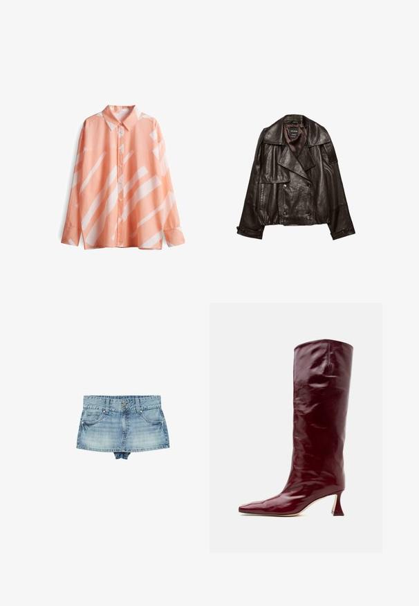 Donkerbruine cropped leren jas met brede revers, dubbele knoopsluiting en knoopmanchetten, plat gelegd op een witte achtergrond.; Perzikkleurig shirt met een kraag, lange mouwen en witte geometrische patronen. Zachte, lichte stof met een relaxte pasvorm.; Denim minirok met dubbele knoopsluiting, voorzakken, ceintuurlussen en vervaagde lichtblauwe wassing.; Glanzende bordeauxrode leren kniehoog laars met spitse neus en uitlopende middenhoge hak, getoond op een effen lichte achtergrond.