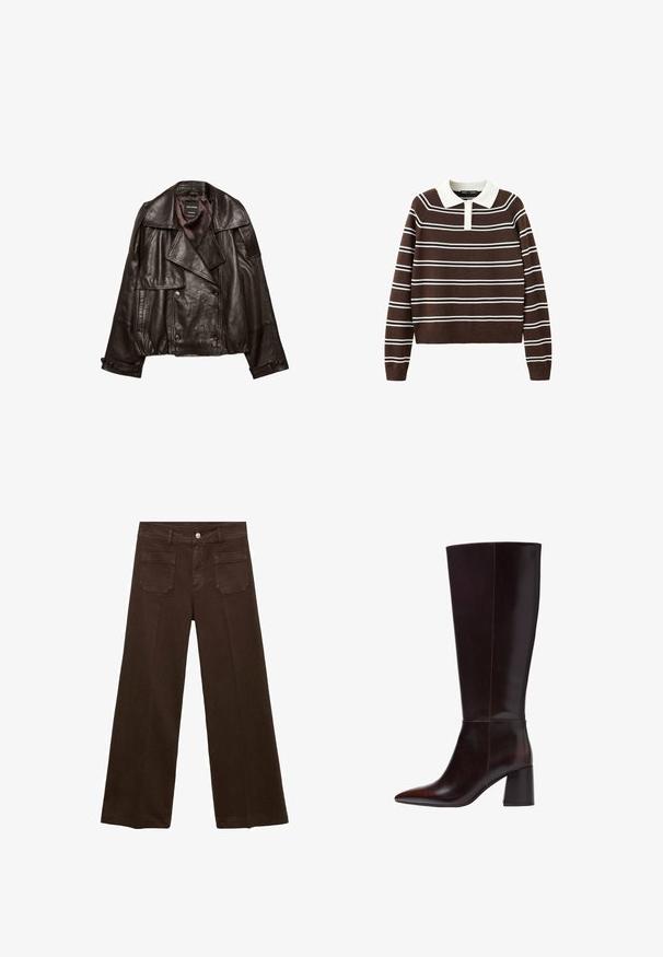 Dunkelbraune, kurz geschnittene Lederjacke mit breiten Revers, doppelreihiger Knopfleiste und geknöpften Manschetten, flach auf weißem Hintergrund ausgelegt.; Brauner Pullover mit langen Ärmeln, weißen horizontalen Streifen und weißem Kragen mit knöpfbarer Blende am Hals.; Braune weit geschnittene Jeans aus Denim, mit hoher Taille, zwei Gesäßtaschen und einem vorderen Knopfverschluss. Glatte Textur, gerade Form.; Dunkelbrauner kniehoher Lederstiefel mit spitzer Schuhspitze und Blockabsatz, seitlich auf weißem Hintergrund dargestellt.