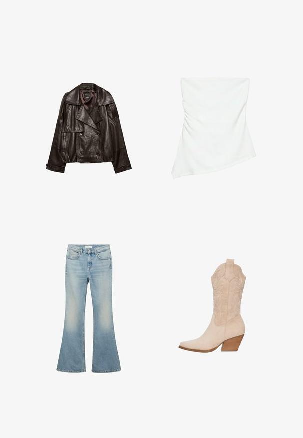 Mørkebrun cropped læderjakke med brede revers, dobbeltknappet lukning og knappede manchetter lagt fladt på hvid baggrund.; Hvid stropløs asymmetrisk top med let rynkedetalje på den ene side, figursyet stil, ren og minimalistisk design.; Lyseblå bugede jeans lavet af denim, med en falmet vask, fem lommer og en lynlås-lukning. Klassisk design med brede ben.; Beige svinemærkestøvle med spids tå, broderede detaljer på skaftet og en stablet træhæle.