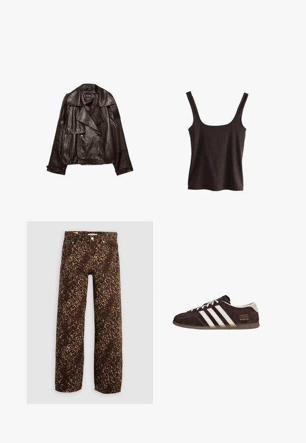 Mørkebrun cropped læderjakke med brede revers, dobbeltknappet lukning og knappede manchetter lagt fladt på hvid baggrund.; Sort ærmeløs tanktop med firkantet halsudskæring og brede skulderstropper på hvid baggrund.; Bordeaux og tan leopardprint brede benjeans. Fremstillet af denim, med et klassisk fem-lomme design og metalhardwaredetaljer.; Brune ruskindssneakers med tre hvide striber, gummisål og tekstlabel med ordene "Gazelle" i guld. Snørebåndsdesign med grå snørebånd.