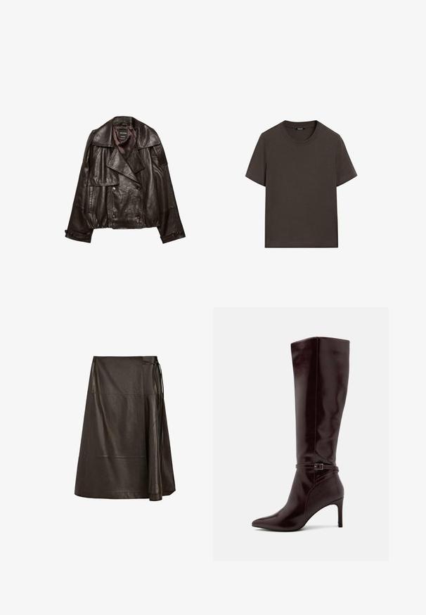 Veste en cuir coupée de couleur brun foncé avec larges revers, fermeture croisée à boutons, et poignets à boutons, étalée à plat sur fond blanc.; T-shirt à manches courtes marron foncé en coton. Il possède un col rond et une coupe décontractée, sans motifs ni accents visibles.; Jupe portefeuille en similicuir marron foncé avec liens latéraux et coutures apparentes sur les panneaux, longueur midi, silhouette évasée sur fond blanc.; Anna Field by Zalando Bottes - bordeaux