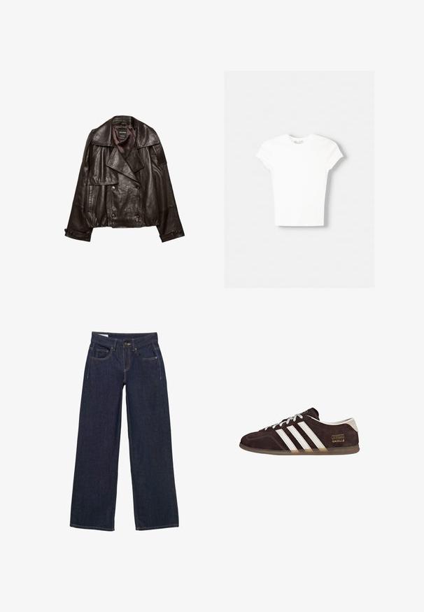 Donkerbruine cropped leren jas met brede revers, dubbele knoopsluiting en knoopmanchetten, plat gelegd op een witte achtergrond.; Witte t-shirt met korte mouwen van zachte katoen, met een ronde halslijn en een getailleerde vorm. Geen zichtbare patronen of versieringen.; Donkerblauwe wijde spijkerbroek van denim met een knoop- en ritsluiting, vijf zakken en gele stiksels.; Bruine suède sneakers met drie witte strepen, rubberen zool en een tekstlabel met de tekst "Gazelle" in goud. Vetersluiting met grijze veters.