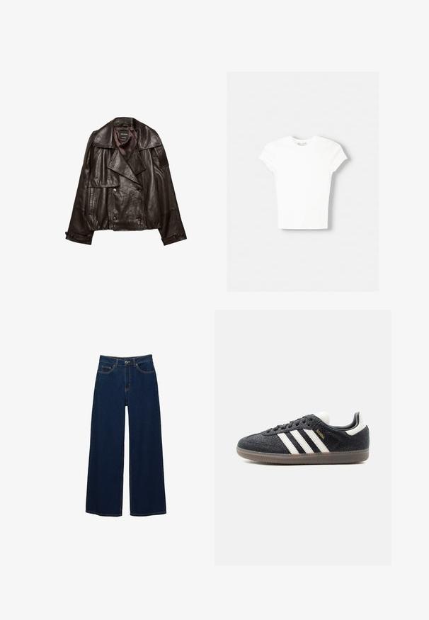 Mørkebrun cropped læderjakke med brede revers, dobbeltknappet lukning og knappede manchetter lagt fladt på hvid baggrund.; Hvid kortærmet t-shirt lavet af blød bomuld, med rund halsudskæring og en tætsiddende form. Ingen synlige mønstre eller udsmykninger.; Mørkeblå vidde jeans i denim; har forlommer og knaplukning; fremtrædende syninger langs sømmene; ingen mønstre eller udsmykninger.; Sort Adidas Samba sneaker med hvide striber, gumisål og guldfarvet "Samba" tekst på siden, vist fra venstre profil på ensfarvet baggrund.