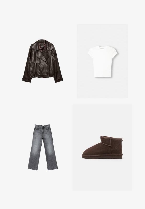 Veste en cuir coupée de couleur brun foncé avec larges revers, fermeture croisée à boutons, et poignets à boutons, étalée à plat sur fond blanc.; T-shirt blanc à manches courtes en coton doux, avec un col rond et une coupe ajustée. Pas de motifs ni d'ornements visibles.; Jean en denim gris foncé à jambes larges avec une finition délavée, cinq poches, une fermeture à bouton et de subtils détails de couture le long des coutures.; Bianco BIASNOW - Boots à talons - dark brown