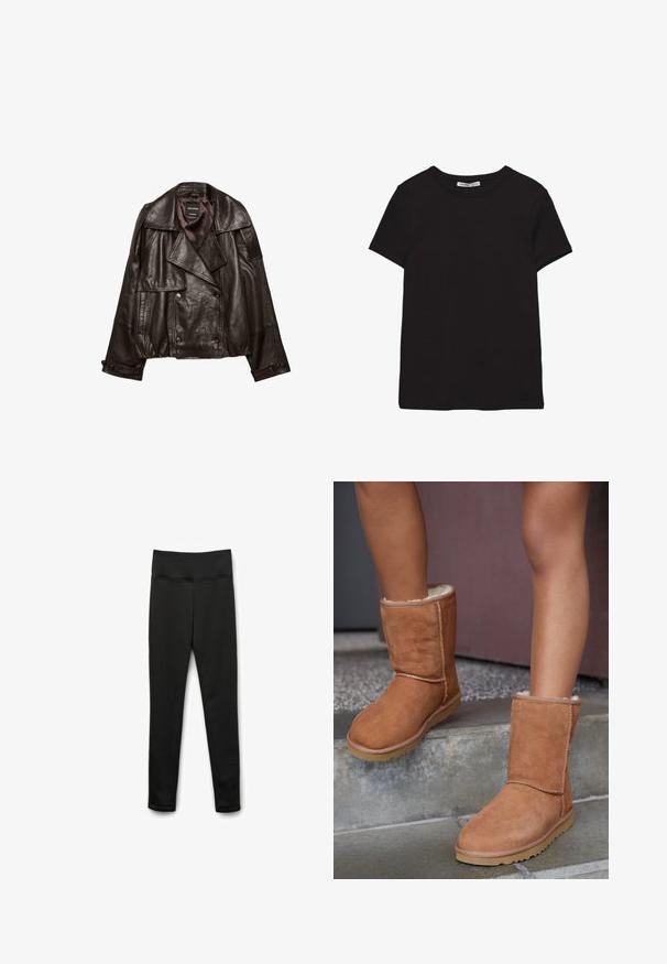 Veste en cuir coupée de couleur brun foncé avec larges revers, fermeture croisée à boutons, et poignets à boutons, étalée à plat sur fond blanc.; T-shirt noir en coton à manches courtes avec encolure ronde, coupe standard et étiquette intérieure visible au niveau du col.; Leggings noirs en tissu extensible avec une large taille. Présentent une texture lisse et sans motifs ni éléments visibles.; Bottines en suede marron, à bout rond, avec une doublure douce et une semelle en caoutchouc, présentant des détails de couture visibles le long des coutures.
