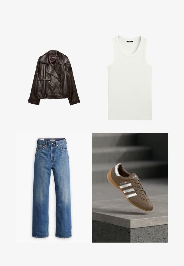 Veste en cuir coupée de couleur brun foncé avec larges revers, fermeture croisée à boutons, et poignets à boutons, étalée à plat sur fond blanc.; Débardeur blanc côtelé sans manches avec encolure ronde et étiquette à l'intérieur du col.; Jean en denim bleu clair avec une taille haute, une coupe à jambes larges, un style classique à cinq poches et un léger délavage sur le tissu.; Baskets en daim marron avec des rayures blanches et des accents argentés, dotées d'une tige texturée, d'un système de laçage et d'une semelle en caoutchouc gomme.