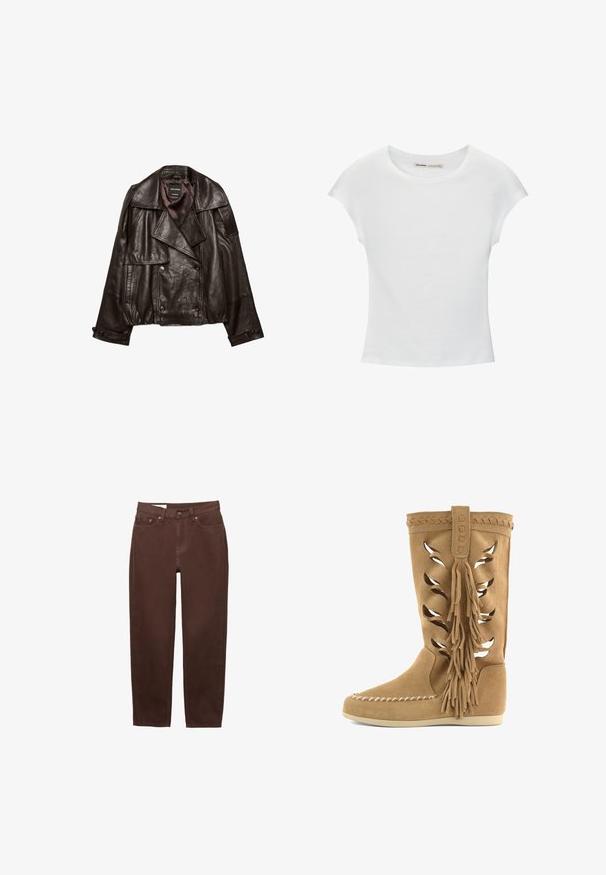 Donkerbruine cropped leren jas met brede revers, dubbele knoopsluiting en knoopmanchetten, plat gelegd op een witte achtergrond.; Witte katoenen T-shirt met korte, opgerolde mouwen, een ronde halslijn en een rechte zoom. Gladde textuur zonder zichtbare patronen of accenten.; Bruine jeans met rechte pijpen, voorzien van een voorste knoop- en ritsluiting, en een ontwerp met vijf zakken op een witte achtergrond.; Bruine suède laarzen tot halverwege de kuit met laser uitgesneden bladmotieven, gevlochten rand, grote zijkwastjes, mocassin-achtige neusnaad en platte zool.