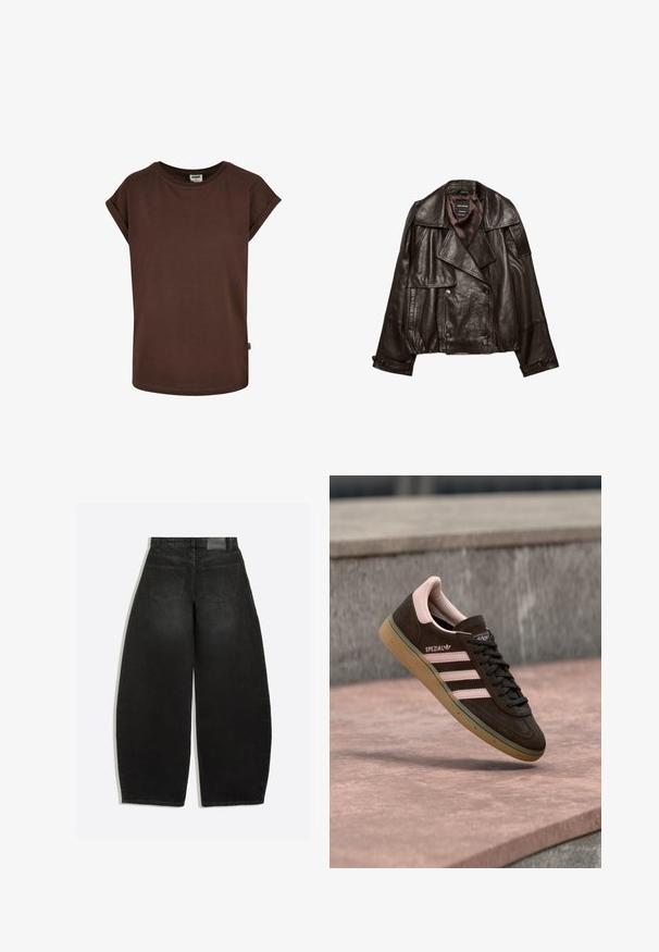 Veste en cuir coupée de couleur brun foncé avec larges revers, fermeture croisée à boutons, et poignets à boutons, étalée à plat sur fond blanc.; T-shirt en coton marron avec des manches courtes roulées, un col rond et une coupe ample. Présente une petite étiquette sur la couture latérale.; Jean en denim noir à jambes larges, vu de dos avec deux poches arrière et passants de ceinture à la taille.; Baskets en suède brun foncé avec des accents roses, présentant trois bandes roses, une semelle texturée et un logo sur le côté. Design classique à profil bas.