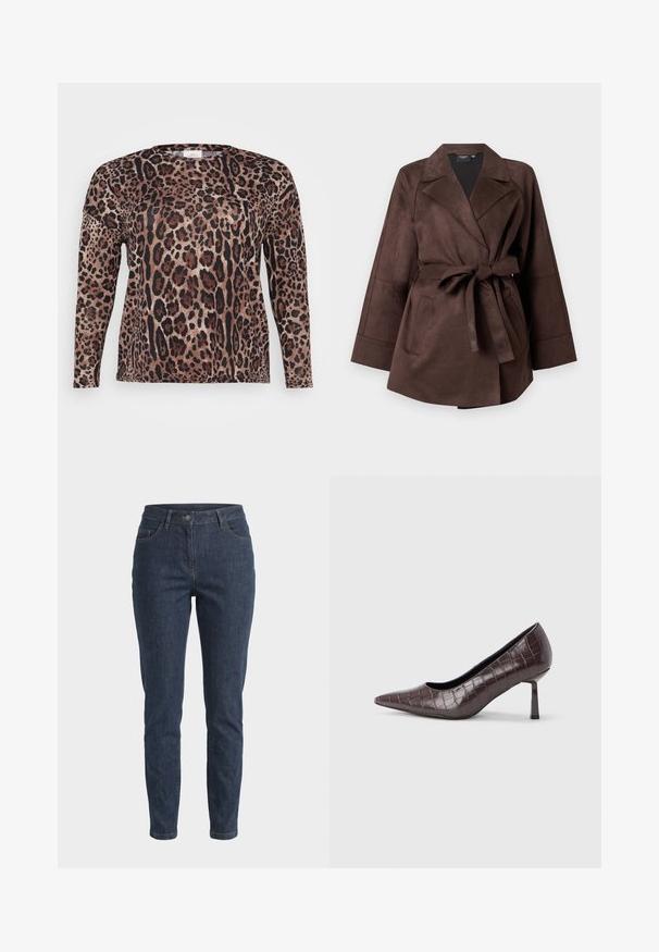 Mørkebrun ruskindjakke med brede kraver, lange ærmer, forlommer og et bundet bælte i taljen på en ensfarvet baggrund.; Langærmet skjorte med leopardprint i nuancer af brun, sort og beige. Blød tekstur med en afslappet pasform.; Mørkeblå slim-fit denimjeans med knaplukning foran, bæltestropper og fem lommer, vist på en ensfarvet lys baggrund.; Brune kunstlæder stiletter med spidse tæer og krokodilletekstur, der har en slank, vinklet hæl og en glat inderside.