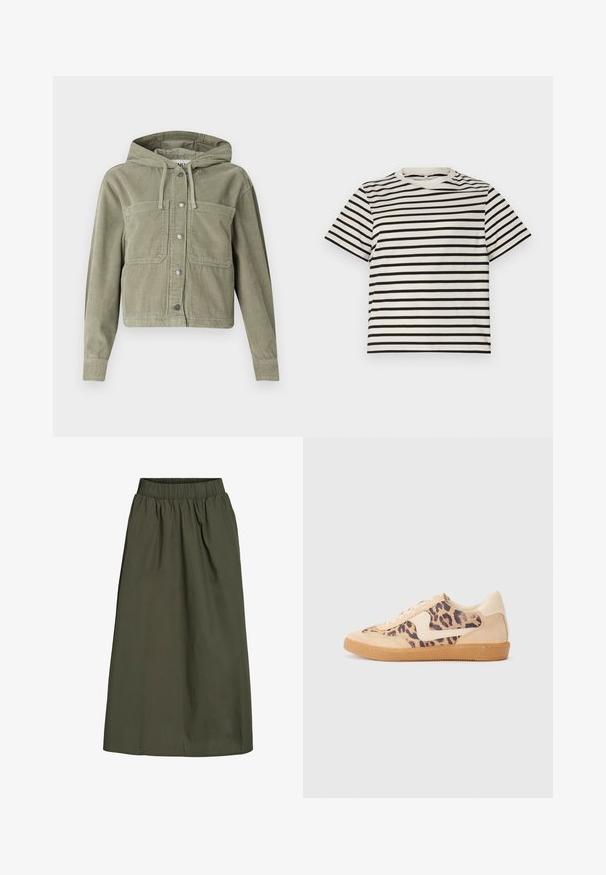 Oliven grøn kordfløjljakke med hætte, der har knappelukning, to brystlommer og ribbet tekstur. Kort, tætsiddende design.; Stripet T-shirt med rund hals, lavet af letvægts bomuld, med jævnt fordelte sorte og cremefarvede striber, korte ærmer og en afslappet pasform.; Olivengrøn, ankel-længde nederdel med samlet elastisk talje og en glat, let krøllet stoftekstur.; Leopardprint sneakers med beige ruskindsoverdel, tan gummisål og hvide detaljer. Rund pegefinger og snørebåndsdesign med en tekstureret finish.