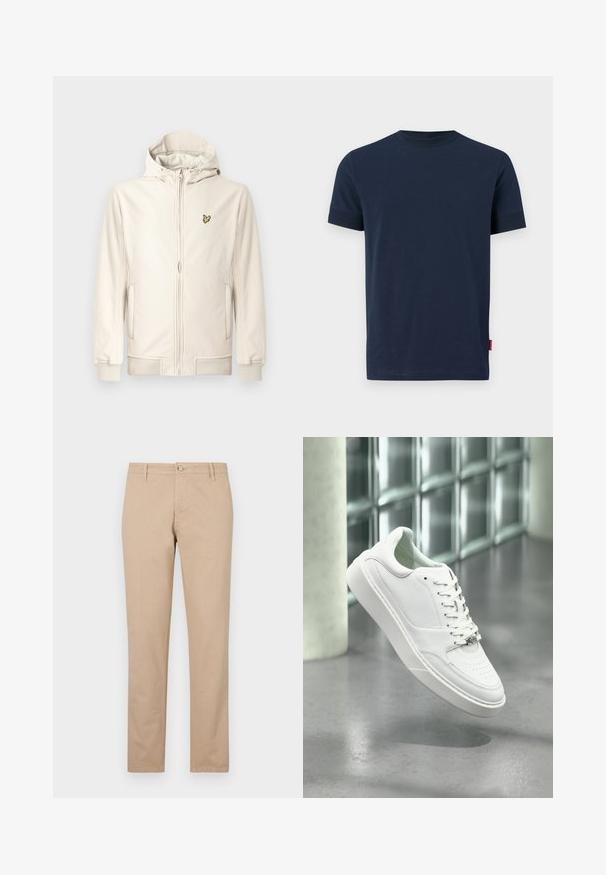 Chaqueta con capucha color beige claro hecha de tela suave. Cuenta con cremallera frontal, bolsillos laterales, puños acanalados y un pequeño logo bordado en el pecho.; Camiseta de algodón azul marino con mangas cortas, cuello redondo y un pequeño acento de etiqueta roja en el dobladillo inferior izquierdo. Textura suave, diseño sencillo.; Pantalones beige de algodón con corte recto, que cuentan con un cierre frontal de botones, bolsillos laterales y detalles de textura sutil.; Zapatilla deportiva de cuero blanco con punta redondeada, cierre frontal con cordones y suela plana de goma. Presenta detalles perforados y un sutil acento con el logo.