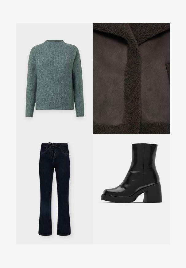 Veste marron avec un col texturé et duveteux et un tissu lisse. Le design comprend une ouverture centrale et une esthétique minimaliste.; Pull en maille côtelée verte avec un col montant et des manches longues. Texture douce, coupe décontractée, et variations subtiles de teintes sur l'ensemble.; Jean en denim bleu foncé avec une légère évasement et une fermeture à lacets sur le devant, avec des poches avant et des détails de coutures visibles.; Bottines noires à finition brillante, bout carré et épais talon bloc. Le design présente une silhouette homogène et un branding minimal.
