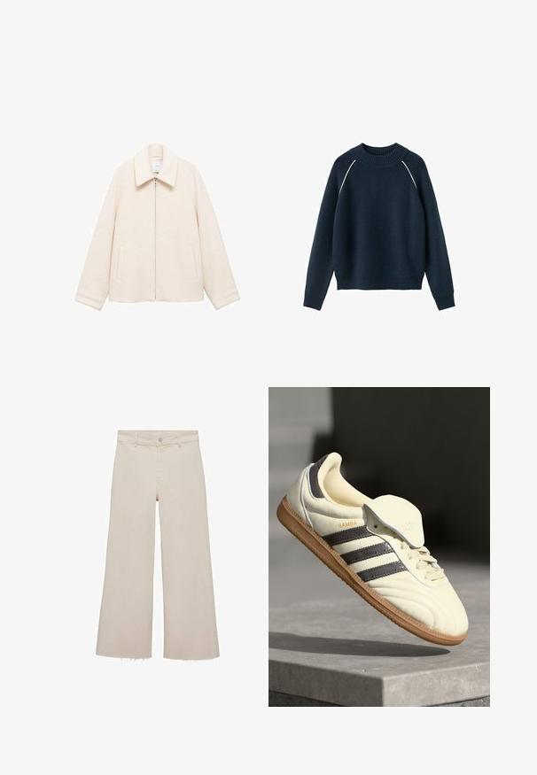 Mango Lichte jas - off-white; Marineblauwe gebreide trui met lange mouwen, geribbelde ronde hals, manchetten, zoom en dunne witte bies langs de schoudernaden.; Beige wijde jeans met een hoge taille, gemaakt van denimstof. Heeft een rauwe zoom aan de onderkant en een sluiting met een knop en rits aan de voorkant.; Crème leren sneaker met drie donkere strepen, een bruine gumrubberen zool en een ronde neus. Voorzien van een opvouwbare tong met het label "SAMBA."