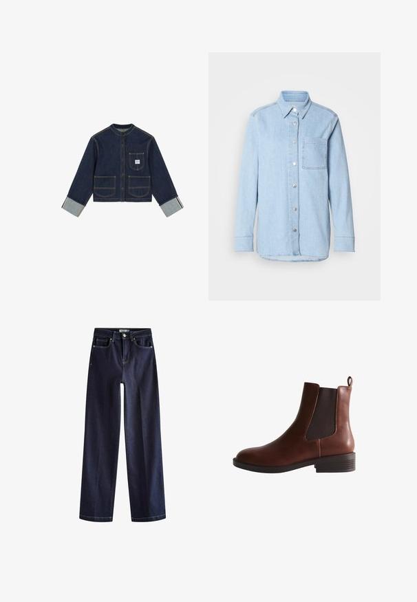 Mørkeblå denimjakke med rund krave, knapper foran, tre forlommer og opkørte manchetter, der viser indre stofdetaljer.; Lyseblå denimskjorte med knaplukning foran, spids krave, enkelt brystlomme og lange ærmer med knapmanchetter.; Next Jeans Straight Leg - rinse blue; Brun læder Chelsea ankelstøvle med elastisk sidepanel, træksløjfe bagpå og lavt stablet hæl.