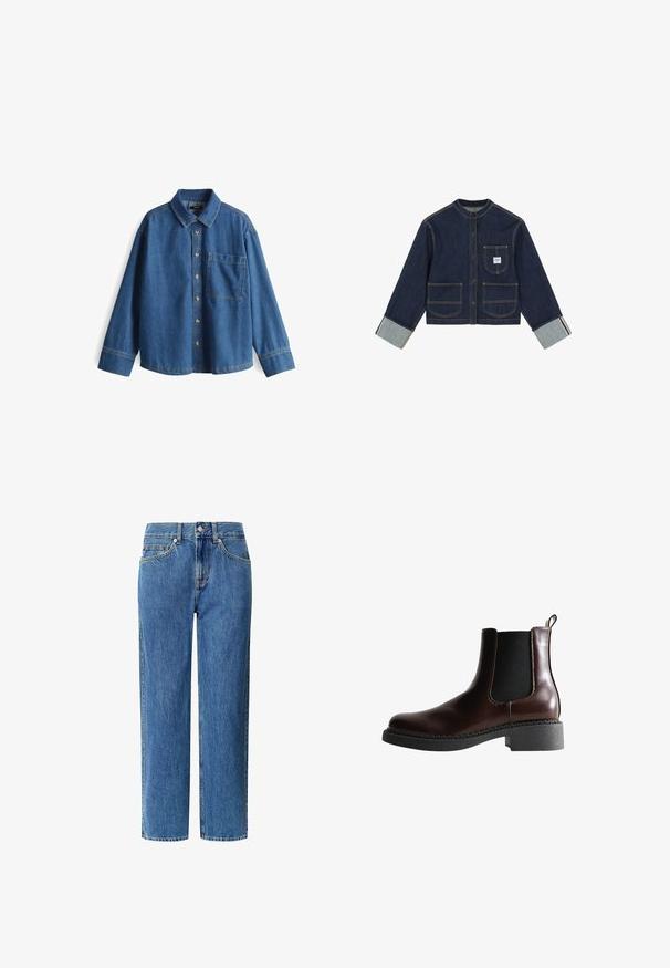 Donkerblauwe spijkerjas met een ronde kraag, knoopsluiting aan de voorkant, drie voorzakken en omgeslagen manchetten die de binnenstof tonen.; Denim shirt, lichtblauw, lange mouwen, knopenlijst aan de voorkant, kraag, enkele borstzak, contrasterende stiksels en een ontspannen pasvorm.; Pepe Jeans W11 BOYFRIEND J LW - Straight leg jeans - oz blue rigid denim; Bruine leren enkelboot met elastische zijpanelen, ronde neus en een gestructureerde zwarte rubberen zool. Heeft contrasterende stiksels en een lusje aan de achterkant.
