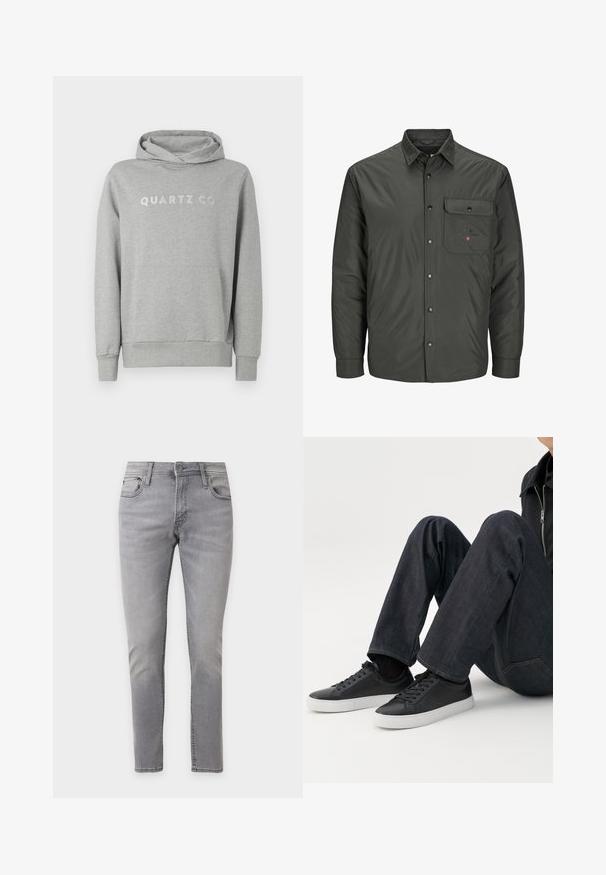 R.D.D. ROYAL DENIM DIVISION RDD - Jas - peat; Grijze pullover hoodie van zachte stof, met een capuchon met trekkoord en een voorzak, met "QUARTZ CO" subtiel gedrukt op de borst.; Grijze slim-fit jeans met vijf zakken, riemlussen en knoopsluiting, weergegeven tegen een lichte achtergrond.; Persoon zittend met gebogen benen, draagt donkerblauwe spijkerbroek en zwarte lage sneakers met witte zolen op een witte achtergrond.