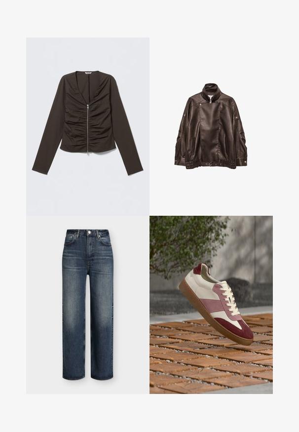 Veste de motard en cuir noir avec col montant, fermeture éclair asymétrique à l'avant, détails à boutons-pression et ceinture ajustable à la taille.; Blouse marron à manches longues avec un décolleté en V profond, un design froncé à l'avant, et une fermeture éclair centrale. Fabriquée en tissu lisse et ajusté.; Jean droit taille haute bleu foncé avec poches avant, passants de ceinture, fermeture par bouton et détails délavés subtils sur les cuisses et les genoux.; Baskets en cuir blanc avec accents en suède bordeaux et rose, dotées d'une semelle texturée et d'un design classique à lacets, surélevées au-dessus d'une surface en bois.