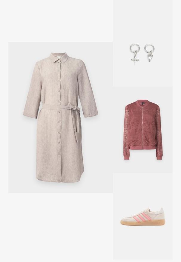 Rosa Bomberjacke mit aufwendigen Spitzenakzenten und Reißverschluss vorne. Gerippte Bündchen und Saum sorgen für ein strukturiertes Design.; Hellbeige Leinenhemdkleid mit Kragen, langen Ärmeln, Knopfleiste und passendem Gürtel. Es hat eine einzelne Brusttasche.; Beiger Wildleder-Sneaker mit pinkfarbenen drei Streifen an der Seite. Verfügt über eine strukturierte Gummisohle und einen weißen Fersenakzent. Minimalistisches Design.; Silberne Creolen mit einem Kreuz- und Herz-Anhänger. Glatte, glänzende Textur mit polierter Oberfläche. Jeder Anhänger hängt an einem sicheren Ring.