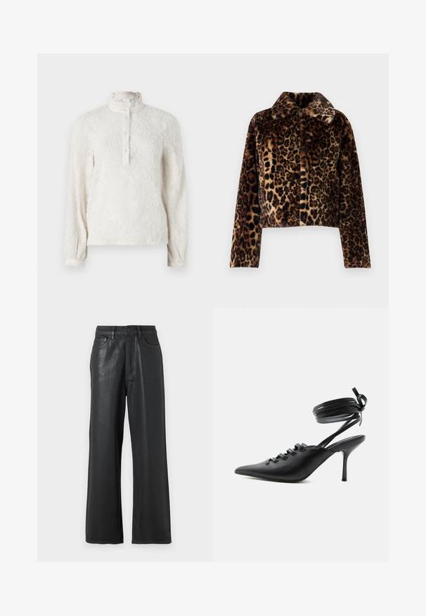 Noisy May Faux fur - Zimná bunda - mocha bisque; Biela blúzka s dlhým rukávom a textúrovaným povrchom, s volánovým golierom a zapínaním na gombíky. Obsahuje jemný kvetinový vzor po celom povrchu.; Čierne široké nohavice vyrobené z lesklého materiálu. Obsahujú gombíkový uzáver, pútka na opasok a predné vrecká s hladkým povrchom.; Čierna vysoká topánka na podpätku so špicatou špičkou, so šnurovaním vpredu a obťahovacími pásikmi okolo členku, zviazanými do mašle, zobrazená z boku na bielom pozadí.