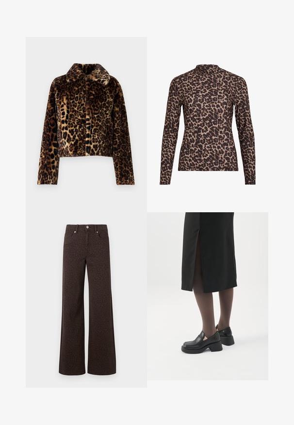 Noisy May Faux fur - Chaqueta de invierno - mocha bisque; Top de manga larga con estampado de leopardo y cuello alto, fabricado en tejido elástico. Presenta una base beige con manchas marrones. Textura suave, diseño ajustado.; Vaqueros de pierna ancha marrones con un sutil patrón de leopardo, confeccionados en denim con una textura suave y un clásico diseño de cinco bolsillos.; Mujer con mocasines negros de tacón grueso, medias negras transparentes y una falda negra con una abertura trasera sobre un fondo blanco.