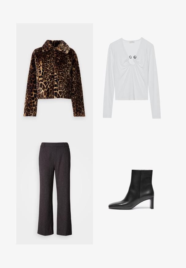 Noisy May Faux fur - Zimná bunda - mocha bisque; Biely dlhý rukáv top s hlbokým výstrihom do V, zdobený nariasenou látkou okolo výstrihu a dvomi čiernymi kruhovými akcentmi.; Mos Mosh SVALA - Nohavice - black; Čierne kožené kotníkové čižmy s špicatou špičkou, užším opätkom a hladkým povrchom; majú zips na boku.