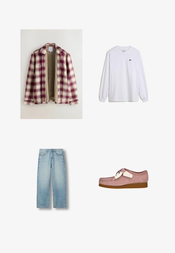 Flanneljakke i bordeaux og creme ternet mønster med en blød beige fleeceforing. Har en krave og knapper foran.; Hvid langærmet t-shirt i bomuld med et lille sort skateboardgrafik på venstre bryst og ribbede manchetter.; Lyseblå straight-leg cowboybukser med fem lommer og knaplukning, vist mod en hvid baggrund.; Lyserød ruskindsko med rund tå, snøre-design og en cremefarvet accentmærke. Har en tan gummisål for ekstra greb.