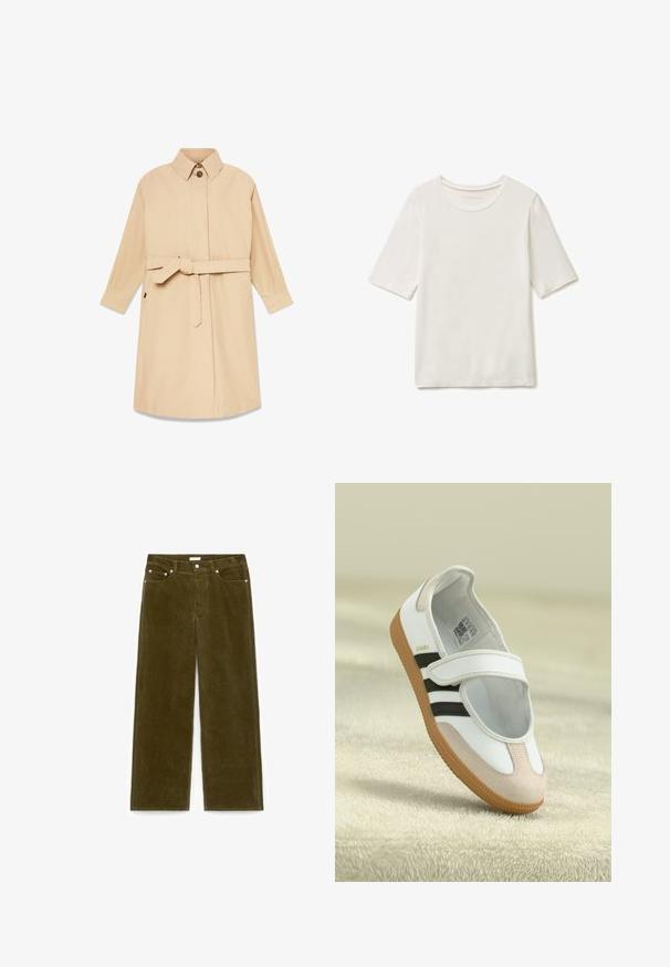 Beige trenchcoat met een kraag, tailleceintuur en lange mouwen met manchetten. Gladde stof, knielengte ontwerp en zijzakken.; Wit T-shirt met korte mouwen en ronde hals, gladde stof, plat neergelegd, zonder zichtbare patronen of logo's.; Olijfgroene ribfluwelen broek met rechte pijpen, voorzakken, ceintuurlussen en knoopsluiting op een witte achtergrond.; Witte schoen met een roze suède neus, zwarte strepen en een klittenbandsluiting. Heeft een tan rubberen zool en een logo aan de zijkant.