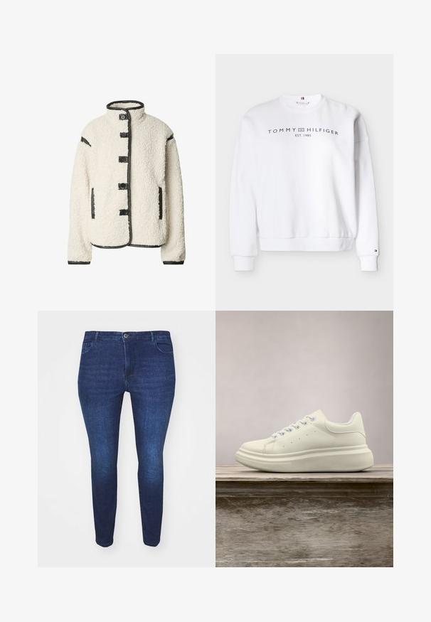 Flødefarvet shearlingjakke med opretstående krave, fem knaplukninger og sort læderkant langs kanter og lommer.; Hvid sweatshirt lavet af bomuldsblanding; har ribstrikkede manchetter og kant. Fronten viser logoet "TOMMY HILFIGER EST. 1985" i sort.; Mørkeblå slim-fit denim jeans med frontknap og lommer, vist fra forsiden mod en hvid baggrund.; Hvid lædersneakers med rund tå, glat tekstur og kontrasterende snørebånd. Har ventilationshuller og en tyk gummisål for komfort.