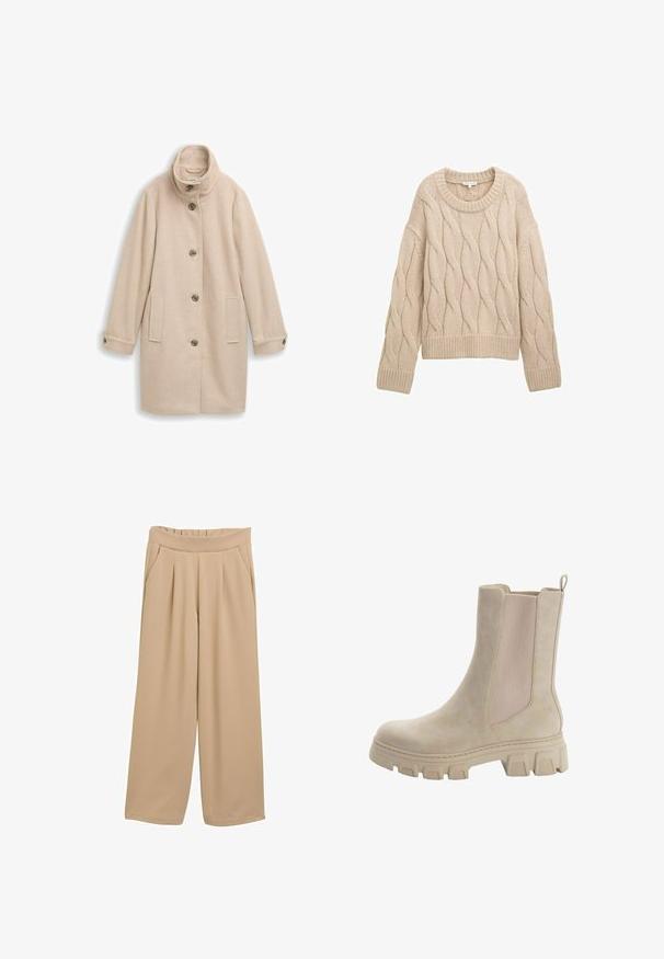 Beige uldfrakke med ståkrave, fem forknapper, to sidelommer og knappede manchetter, lagt fladt på en hvid baggrund.; Beige kabelstrikket sweater med rund hals, lange ærmer og ribbede kanter; har et vridningsmønster over kroppen for tekstur.; Beige brede bukser med en samlet talje, der har to sidelommer og en glat, tekstureret stoffinish.; Beige Chelsea støvler med en glat læderoverdel og elastiske sidepaneler. Tyk, robust gummisål med karakteristisk mønster og trækstrop.