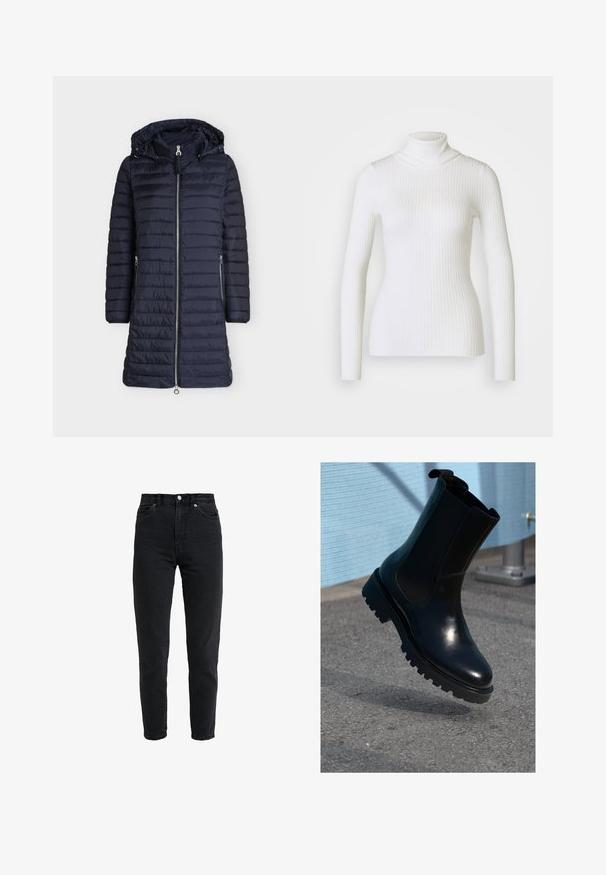 Lange donkerblauwe doorgestikte winterjas met ritssluiting aan de voorkant, twee ritszakken aan de zijkant, lange mouwen en een aangehechte capuchon met aantrekkoorden.; Witte geribbelde coltrui met lange mouwen, voorzien van een aansluitend ontwerp en zachte textuur. Platte kraag en naadloze uitstraling.; High-waist zwarte spijkerbroek met voorste knoop en rits, twee voorzakken en taps toelopende pijpen op een witte achtergrond.; Zwarte leren enkellaars met elastische zijpanelen, een afgeronde neus en een dikke, gestructureerde zool. Gladde afwerking met een minimalistisch design.