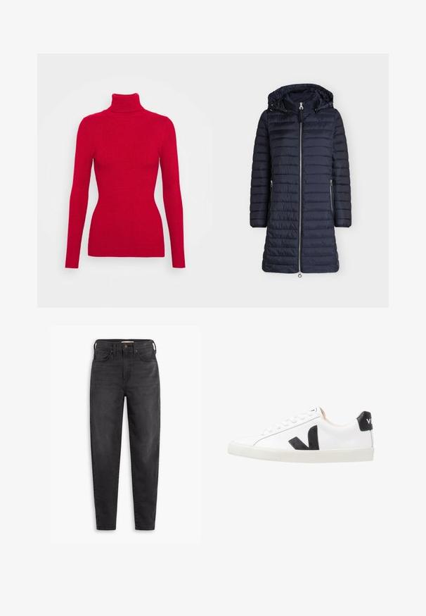Long manteau d'hiver matelassé bleu marine avec fermeture éclair à l'avant, deux poches latérales zippées, manches longues et capuche attachée avec cordons.; Pull en maille côtelée rouge avec un col roulé, des manches longues, un tissu texturé, une coupe ajustée et un col montant. Pas d'embellissements visibles.; Jean slim taille haute noir avec poches avant et arrière, fermeture à bouton et passants de ceinture, présentés sur un fond blanc.; Baskets blanches avec un logo V noir, présentant un dessus en cuir lisse, un bout rond, un système de laçage et un empiècement au talon noir contrastant.