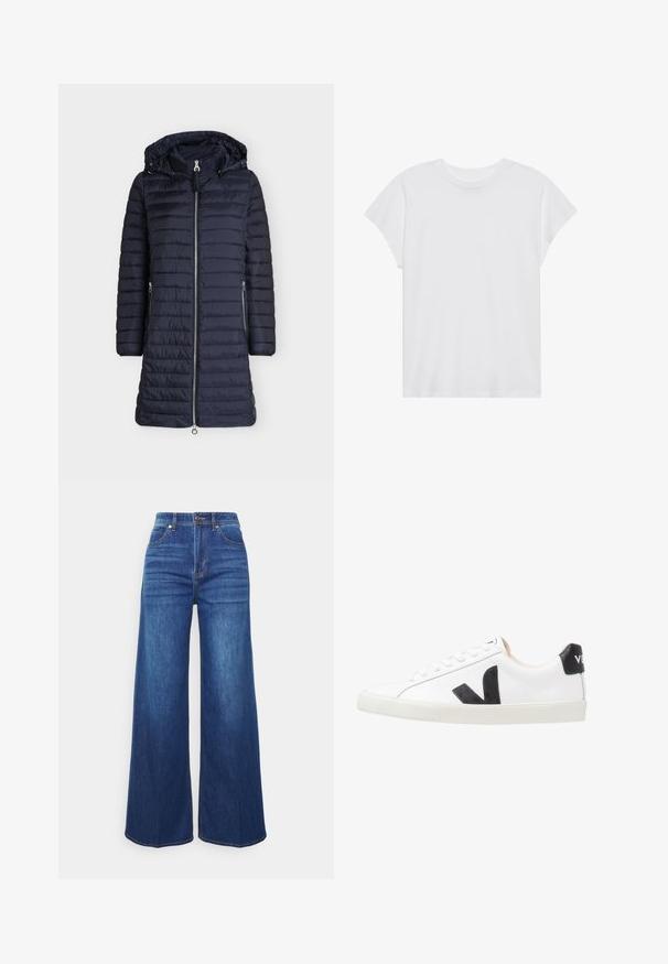 Long manteau d'hiver matelassé bleu marine avec fermeture éclair à l'avant, deux poches latérales zippées, manches longues et capuche attachée avec cordons.; T-shirt blanc à manches courtes, col rond, coupe décontractée, en tissu de coton doux. Texture lisse, sans motifs ni logos.; Jeans en denim à jambes larges de couleur indigo moyen, avec une taille haute, des poches avant et un dégradé subtil. Design classique à cinq poches avec des détails de couture.; Baskets blanches avec un logo V noir, présentant un dessus en cuir lisse, un bout rond, un système de laçage et un empiècement au talon noir contrastant.