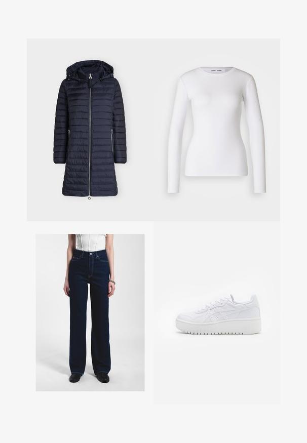 Lange donkerblauwe doorgestikte winterjas met ritssluiting aan de voorkant, twee ritszakken aan de zijkant, lange mouwen en een aangehechte capuchon met aantrekkoorden.; Witte longsleeve shirt van ribstof, met een ronde halslijn en een getailleerde vorm. Er zijn geen patronen of accenten aanwezig.; Hoge taille, wijde donkerdenim jeans met contrasterende stiksels, voorkeurszakken en een klassieke klinknagelknopsluiting.; Witte platform sneakers met een gladde leertextuur, geperforeerde details en platte veters; voorzien van een dikke witte rubberen zool.
