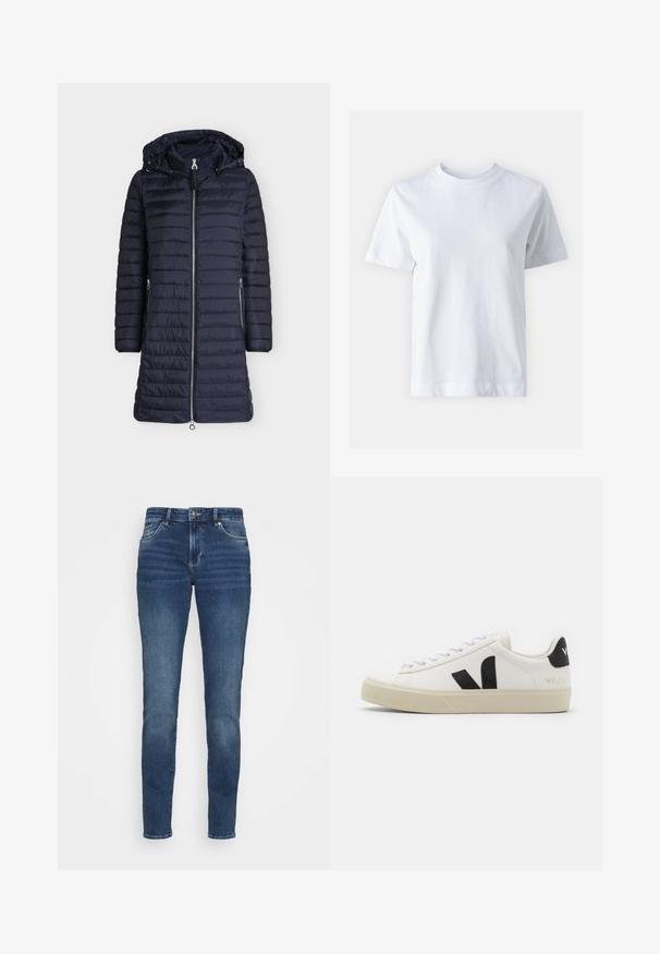 Langer dunkelblauer gesteppter Wintermantel mit Frontreißverschluss, zwei seitlichen Reißverschlusstaschen, langen Ärmeln und angenähter Kapuze mit Kordelzug.; Weißes Baumwoll-T-Shirt mit Rundhalsausschnitt, kurzen Ärmeln, gerader Schnittführung und glatter Textur. Keine Muster oder Verzierungen.; Dunkelblaue Denim-Jeans mit einer taillierten Passform, fünf Taschen, leichten Verwaschungen an der Vorderseite und Metallbeschlägen am Bund und an den Taschen.; Weißes Leder-Sneaker mit schwarzem Gummi-V-Logo. Strukturierte cremefarbene Sohle, weiße Schnürsenkel und Fersendetail in Schwarz mit dem Markennamen.
