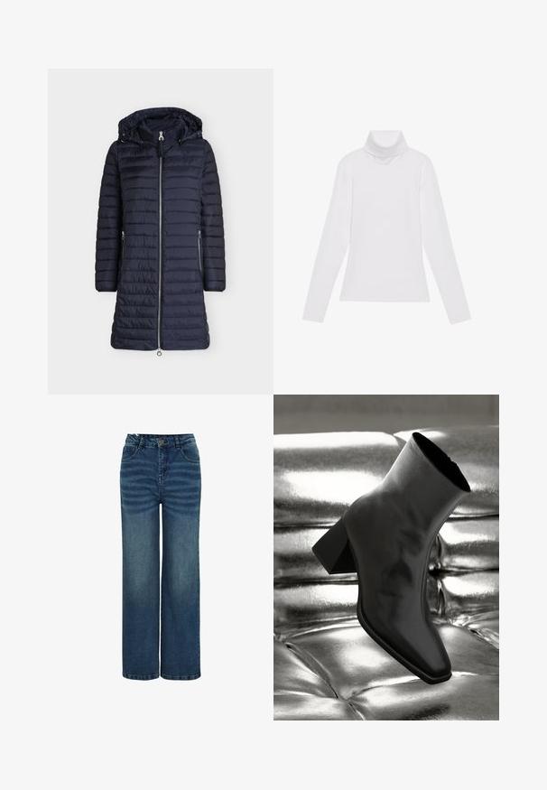 Lange donkerblauwe doorgestikte winterjas met ritssluiting aan de voorkant, twee ritszakken aan de zijkant, lange mouwen en een aangehechte capuchon met aantrekkoorden.; Witte lange mouw turtleneck top gemaakt van glad, elastisch materiaal. Voorzien van een hoge kraag en een getailleerd ontwerp, zonder zichtbare patronen of versieringen.; Wijduitlopende jeans in donkerblauw denim, met een hoge taille, voorzakken en subtiele vervagingpatronen langs de benen. Klassieke knoopsluiting.; Zwarte enkellaarsjes van glanzend materiaal met een vierkante neus en taps toelopende hak, afgezet tegen een glanzende zilveren gecapitonneerde achtergrond.