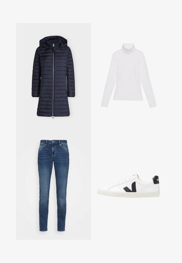 Langer dunkelblauer gesteppter Wintermantel mit Frontreißverschluss, zwei seitlichen Reißverschlusstaschen, langen Ärmeln und angenähter Kapuze mit Kordelzug.; Weißes Langarm-Turtleneck-Oberteil aus glattem, elastischem Stoff. Mit hohem Kragen und tailliertem Schnitt, ohne sichtbare Muster oder Verzierungen.; Dunkelblaue Denim-Jeans mit einer taillierten Passform, fünf Taschen, leichten Verwaschungen an der Vorderseite und Metallbeschlägen am Bund und an den Taschen.; Weißer Sneaker mit einem schwarzen V-Logo, ausgestattet mit einem glatten Lederoberteil, runder Zehenpartie, Schnürverschluss und kontrastierendem schwarzen Fersenbereich.