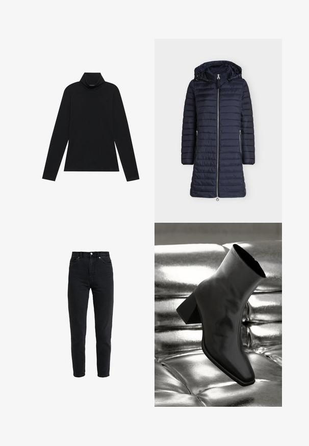 Lange donkerblauwe doorgestikte winterjas met ritssluiting aan de voorkant, twee ritszakken aan de zijkant, lange mouwen en een aangehechte capuchon met aantrekkoorden.; Zwarte langetermijn turtleneck. Zachte stof, getailleerd design, hoge kraag en zijnaad. Eenvoudige en veelzijdige stijl die geschikt is voor het laagjes dragen.; High-waist zwarte spijkerbroek met voorste knoop en rits, twee voorzakken en taps toelopende pijpen op een witte achtergrond.; Zwarte enkellaarsjes van glanzend materiaal met een vierkante neus en taps toelopende hak, afgezet tegen een glanzende zilveren gecapitonneerde achtergrond.