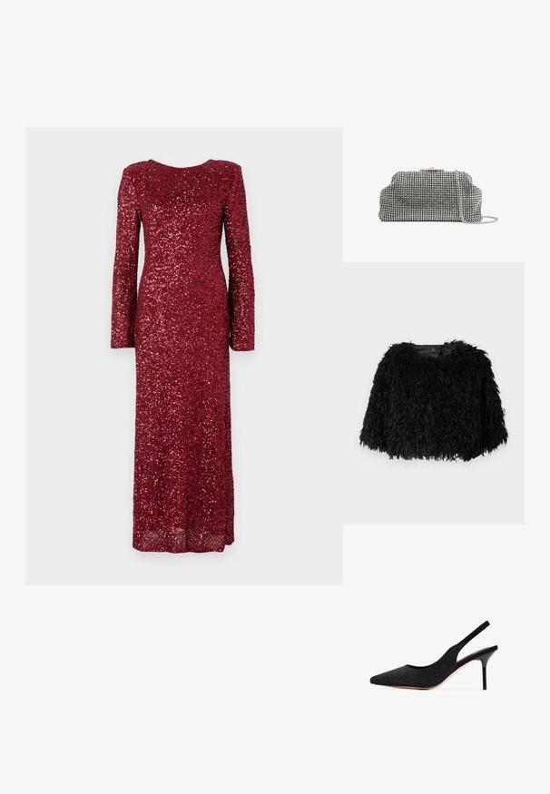 Sort faux fur cropped jakke med en tekstureret, fluffy overflade, rund halsudskæring og ingen synlige lukninger. Foret inderside synlig ved halsen.; Langærmet rød kjole dækket af palietter, med en rund halsudskæring og tætsiddende silhuet, der går ned til gulvet.; Sort slingback pumpe med spids tå, prydet med rhinsten. Har et strømlinet design, høj stilettosandalhæl og en glat indvendig foring.; Reiss ADALINE EMBELLISHED - Clutches - silver coloured