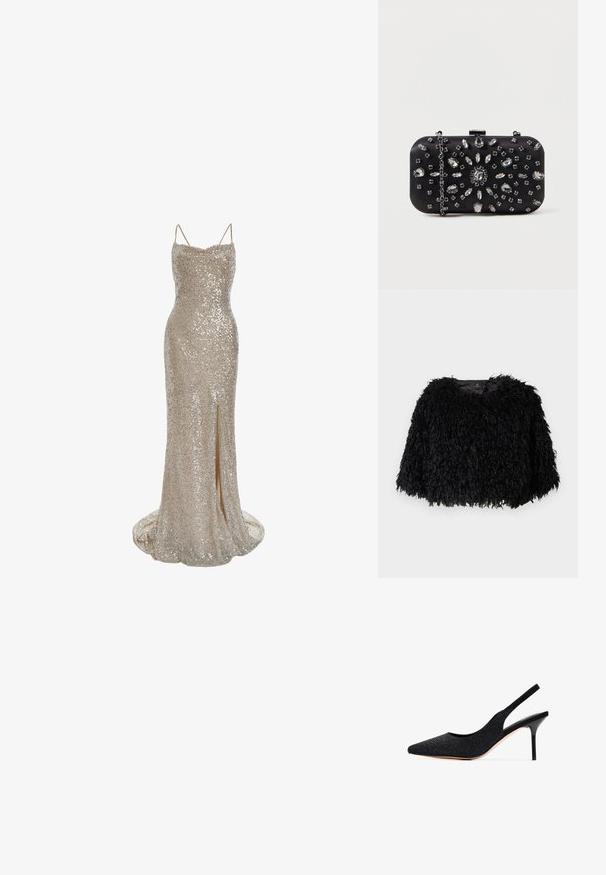 Sort faux fur cropped jakke med en tekstureret, fluffy overflade, rund halsudskæring og ingen synlige lukninger. Foret inderside synlig ved halsen.; True Decadence Gallakjole - silver sequin; Sort slingback pumpe med spids tå, prydet med rhinsten. Har et strømlinet design, høj stilettosandalhæl og en glat indvendig foring.; Sort clutch i rektangulær form, pyntet med forskellige rhinsten i et blomsterdesign, med en sølvkæde til at bære.