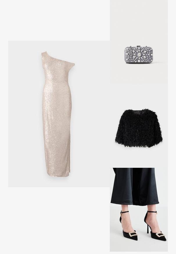 Sort faux fur cropped jakke med en tekstureret, fluffy overflade, rund halsudskæring og ingen synlige lukninger. Foret inderside synlig ved halsen.; Knælang, one-shoulder kjole i lys beige med en tætsiddende silhuet, der har en paillet-tekstur og et strømlinet, lige design.; Sorte satin højhælede sko med spidse tæer, der har en dekorativ rhinesten spænde og tynde ankelremme.; Lille rektangulær mørkegrå clutch pyntet med klare rhinsten i et strålende mønster og en sølvkæde som strop.