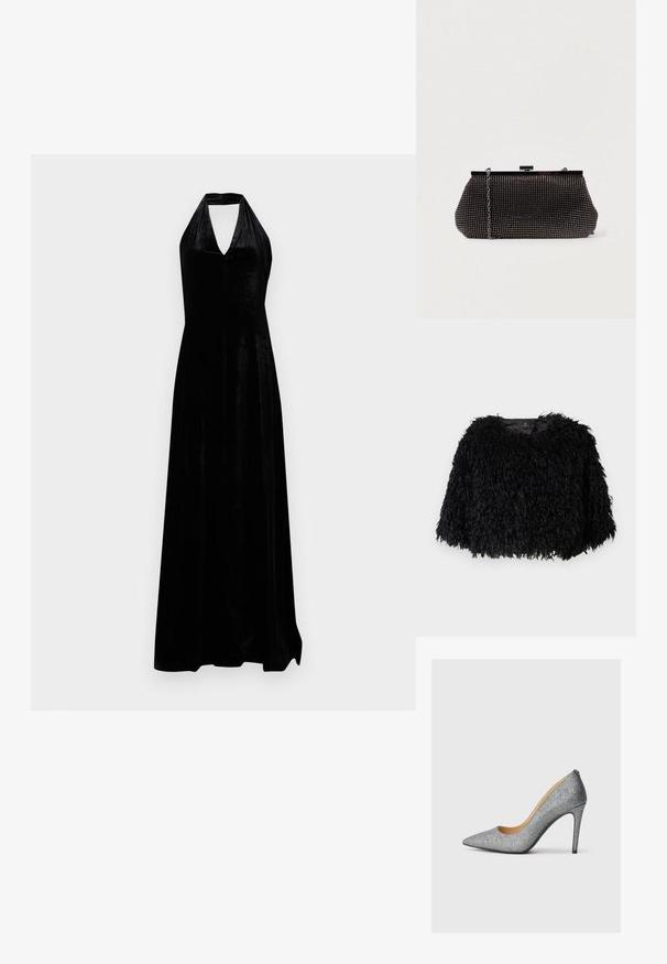 Sort faux fur cropped jakke med en tekstureret, fluffy overflade, rund halsudskæring og ingen synlige lukninger. Foret inderside synlig ved halsen.; Sort fløjl halterneck aftenkjole med dyb V-udskæring og gulvlængde nederdel på ensfarvet hvid baggrund.; Sølvglitrende højhælede pumpe med spids tå og en slank silhuet, der har en glat indersåle og en slidstærk sort ydersål.; Sort mesh clutch-taske med en struktureret silhuet, prydet med små metalstuds, har en låsemekanisme og en aftagelig kæderekke.