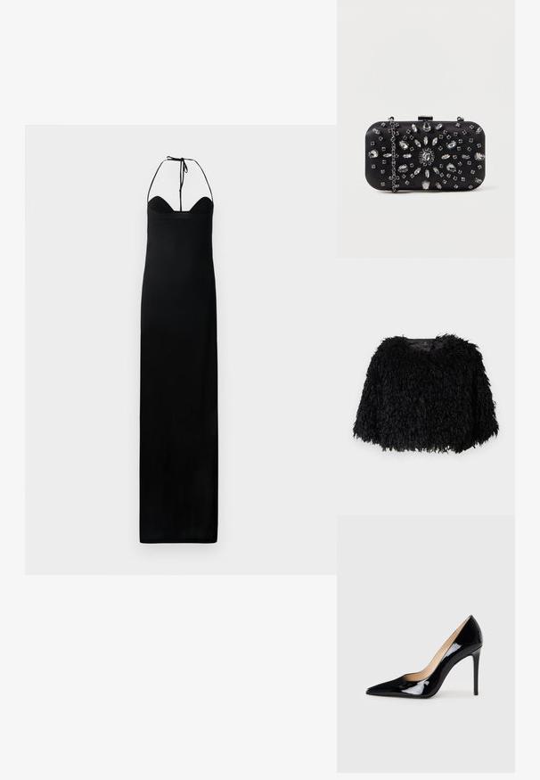 Schwarze, gefälschte Pelzjacke im Cropped-Stil mit einer strukturierten, flauschigen Oberfläche, rundem Ausschnitt und ohne sichtbare Verschlüsse. Futter im Halsbereich sichtbar.; Schwarzes Maxikleid mit taillierten Oberteil, Halterneck-Bindung und einer glatten, eleganten Textur. Hat eine gerade Silhouette ohne Verzierungen.; Schwarze Lackleder-Pumps mit High Heels und spitzem Design sowie einer eleganten Silhouette. Verfügt über eine glatte, glänzende Oberfläche und einen schlanken Stiletto-Absatz.; Schwarze Clutch mit rechteckiger Form, verziert mit verschiedenen Strasssteinen in einem floralen Muster, ausgestattet mit einer silbernen Kette zum Tragen.