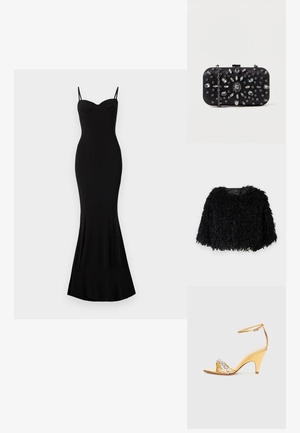 Veste cropped en fausse fourrure noire avec un extérieur texturé et fluffy, décolleté rond et sans fermetures visibles. Intérieur doublé visible au niveau du cou.; Robe noire ajustée avec des bretelles spaghetti et un décolleté en coeur ; texture lisse, ourlet évasé et sans motifs ni ornements visibles.; Sandale à talons dorés avec un design à lanières, dotée d'une bande ornée de strass. Bout ouvert, bride de cheville ajustable et talon effilé.; Pochette noire de forme rectangulaire, ornée de divers strass disposés en motifs floraux, dotée d'une chaîne en argent pour le transport.