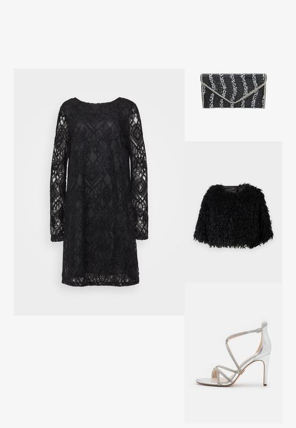 Sort faux fur cropped jakke med en tekstureret, fluffy overflade, rund halsudskæring og ingen synlige lukninger. Foret inderside synlig ved halsen.; Sort blonde kjole med et geometrisk mønster, lange ærmer og rund halsudskæring, med en gennemsigtig tekstur og fast underlag.; Sølv højhælet sandal med tynde rhinstenremme, der krydser over tæerne og omkring anklen, med sidelukning med spænde.; Sort clutch med tekstureret overflade, der har bølge mønstre, pyntet med hvide rhinsten langs designet. Sølv hardware detajler.