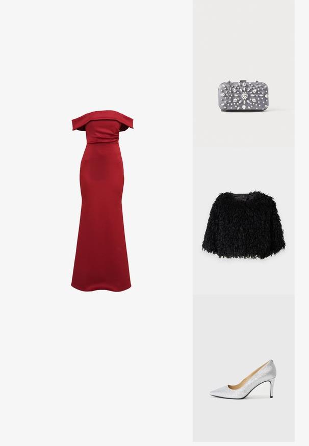 Veste cropped en fausse fourrure noire avec un extérieur texturé et fluffy, décolleté rond et sans fermetures visibles. Intérieur doublé visible au niveau du cou.; Robe rouge ajustée à épaules dénudées avec une silhouette élancée et élégante, réalisée en tissu lisse, dotée d'un corsage froncé et d'une longueur au sol.; Pompe à talons aiguilles en argent pailleté avec un bout pointu et une doublure intérieure lisse. Le talon est fin, soulignant le design élégant.; Petit sac pochette rectangulaire gris foncé orné de strass clairs disposés en motif rayonnant, avec une bandoulière chaîne argentée.