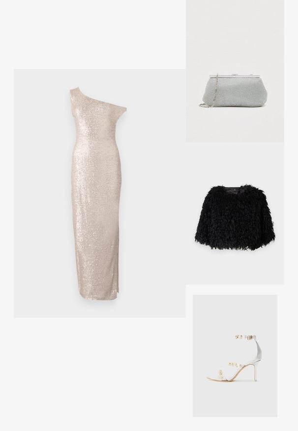 Sort faux fur cropped jakke med en tekstureret, fluffy overflade, rund halsudskæring og ingen synlige lukninger. Foret inderside synlig ved halsen.; Knælang, one-shoulder kjole i lys beige med en tætsiddende silhuet, der har en paillet-tekstur og et strømlinet, lige design.; Gennemsigtig hæl sandal med transparente stropper dekoreret med guldnitter, slank hæl og åben tå design med en glat, blank finish.; Sølv mesh clutch taske med en afrundet form, metalramme og aftagelig kæde. Har funklende detaljer med en glat overflade.