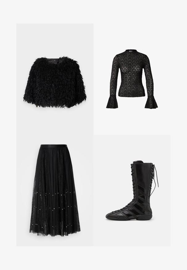 Sort faux fur cropped jakke med en tekstureret, fluffy overflade, rund halsudskæring og ingen synlige lukninger. Foret inderside synlig ved halsen.; Sort langærmet top med gennemsigtigt hjerte mønster, høj halsudskæring og flagrende manchetter, der fremhæver et tekstureret og lagdelt design.; Sort maksi nederdel i blonder med en satin-linning, der har et gennemsigtigt lag dekoreret med sølv pailletter og et tekstureret mønster over det hele.; Sorte høje støvler lavet af skinnende syntetisk materiale, med et komplikere snøredesign og diagonale stribe-detaljer på siderne.