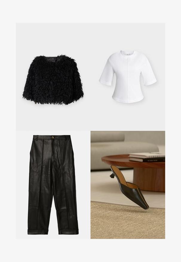 Schwarze, gefälschte Pelzjacke im Cropped-Stil mit einer strukturierten, flauschigen Oberfläche, rundem Ausschnitt und ohne sichtbare Verschlüsse. Futter im Halsbereich sichtbar.; Weiße Bluse mit kurzen Ärmeln, rundem Ausschnitt und einem zentralen vertikalen Nahtdetail vorne.; AERON ZIMA PANTS - Lederhose - black; Schwarze Leder-Mule mit niedrigem geometrischem Absatz auf einem beigen Teppich, nahe einem runden Holzcouchtisch mit gestapelten Büchern.